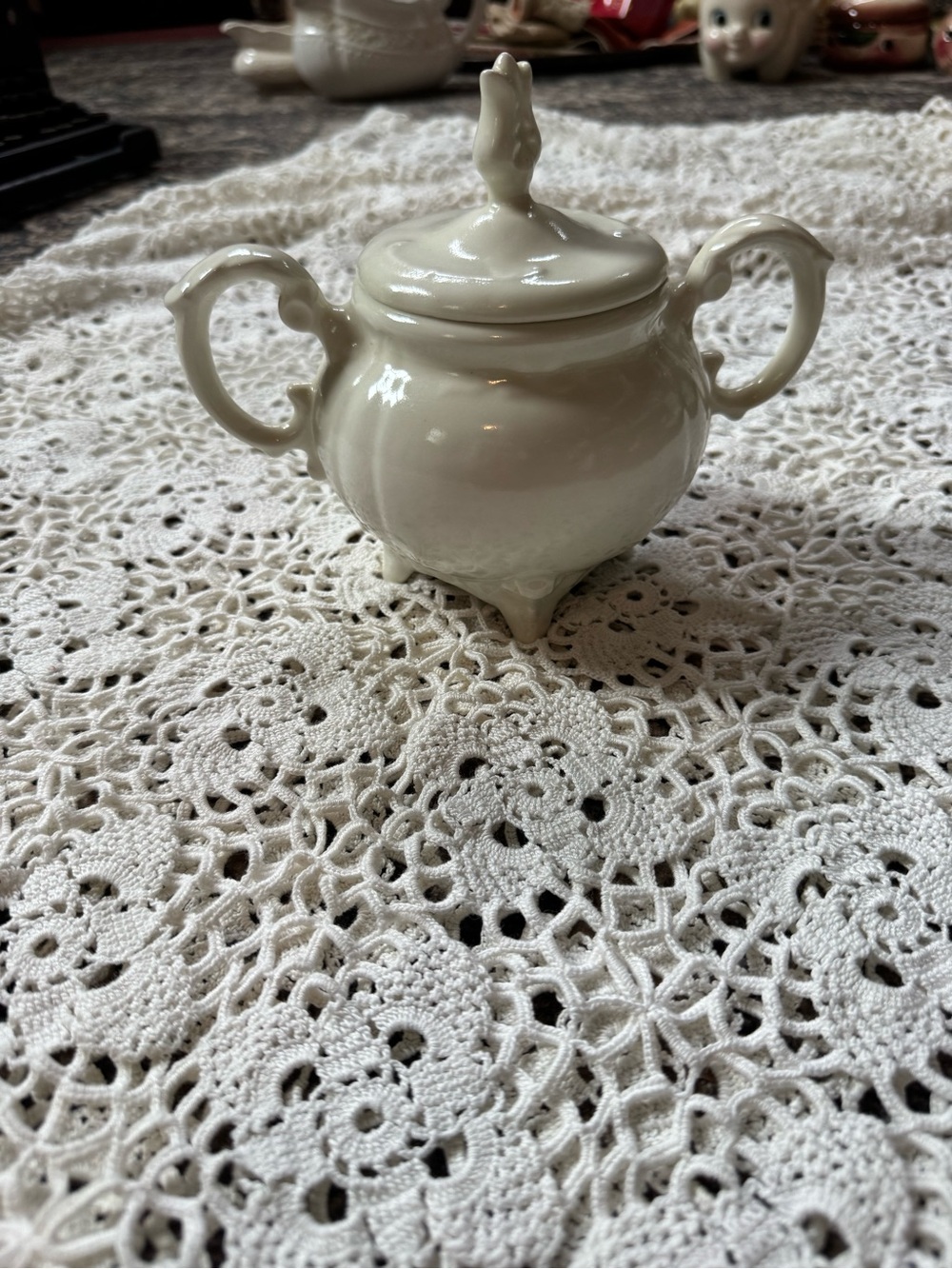 Vintage Cream Porcelain Sugar Bowl with Lid and Handles